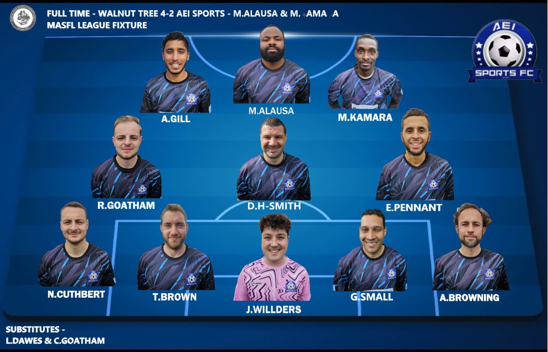 AEI Sports Sunday FC (@aeisportssunday) on Twitter photo FT: Walnut Tree 4-2 <a href="/AEISportsSunday/">AEI Sports Sunday FC</a>
Defeat in our 2nd league fixture, players missing & a terrible opening 30 mins cost stopped us from getting anything from the game. A decent 2nd half showing a positive to take into next Sunday.
<a href="/Mozzayy/">Moses</a> ⚽️
<a href="/MoUpfront/">Mo_upfront</a> ⚽️ FT: Walnut Tree 4-2 <a href="/AEISportsSunday/">AEI Sports Sunday FC</a>
Defeat in our 2nd league fixture, players missing & a terrible opening 30 mins cost stopped us from getting anything from the game. A decent 2nd half showing a positive to take into next Sunday.
<a href="/Mozzayy/">Moses</a> ⚽️
<a href="/MoUpfront/">Mo_upfront</a> ⚽️
