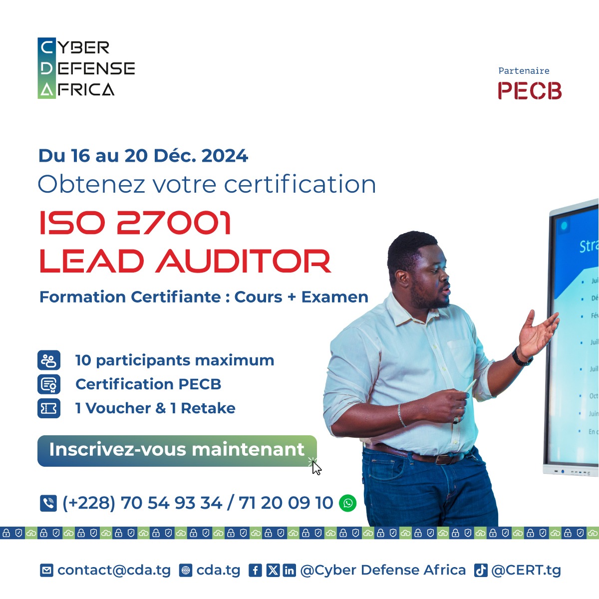 CDA_tg's tweet photo. Partenaire @PECB , CDA vous offre des certifications conformes aux standards internationaux en #cybersécurité.
#Certifications #Lead_implementer #cybersecurity_manager https://t.co/mirS5bi2fs