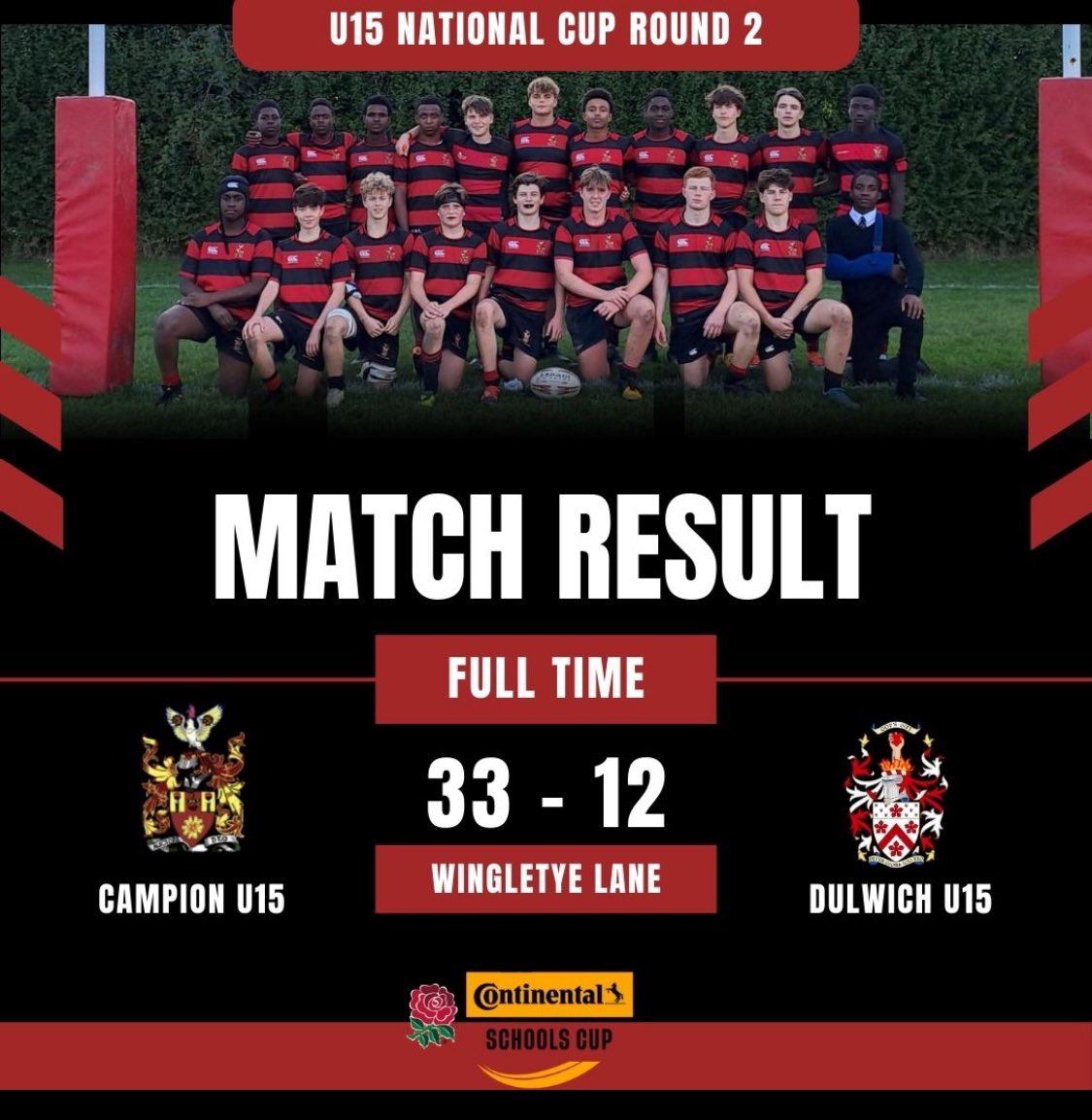 Our U15 side battled hard against a strong Dulwich College side to come out as eventual winners, they progress through to the third round of the national cup. Well done to all who took part 🔴⚫️.