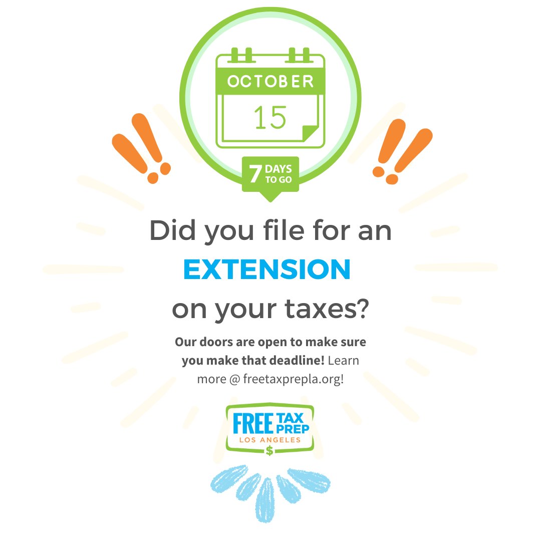 FreeTaxPrepLA's tweet image. If you filed for a tax extension, the October 15th deadline is just a week away! Don’t wait until the last minute—file now to avoid any late fees. Free Tax Prep LA can help you file for free! #TaxDeadline #FileForFree #AvoidFees