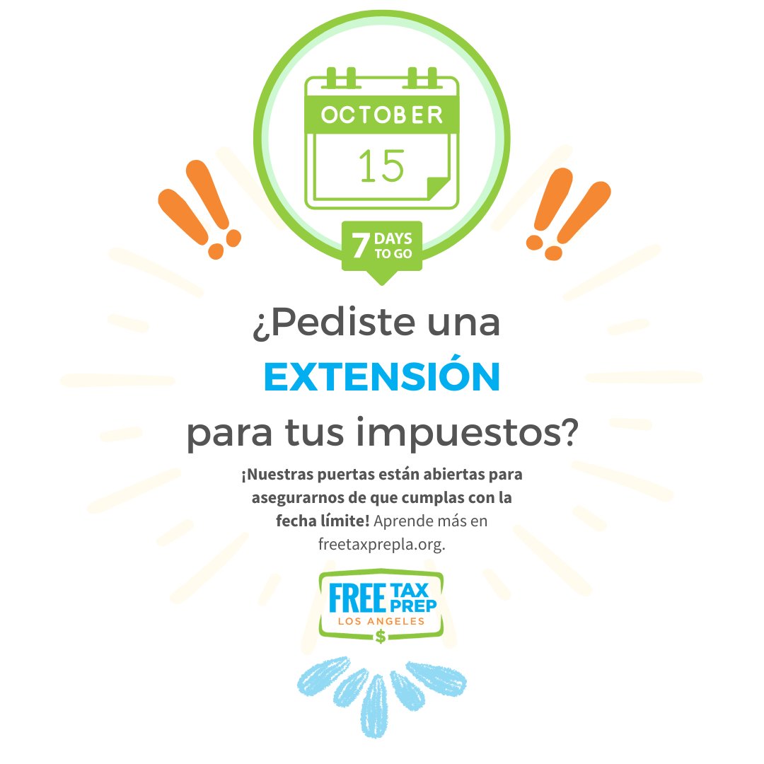 FreeTaxPrepLA's tweet image. If you filed for a tax extension, the October 15th deadline is just a week away! Don’t wait until the last minute—file now to avoid any late fees. Free Tax Prep LA can help you file for free! #TaxDeadline #FileForFree #AvoidFees