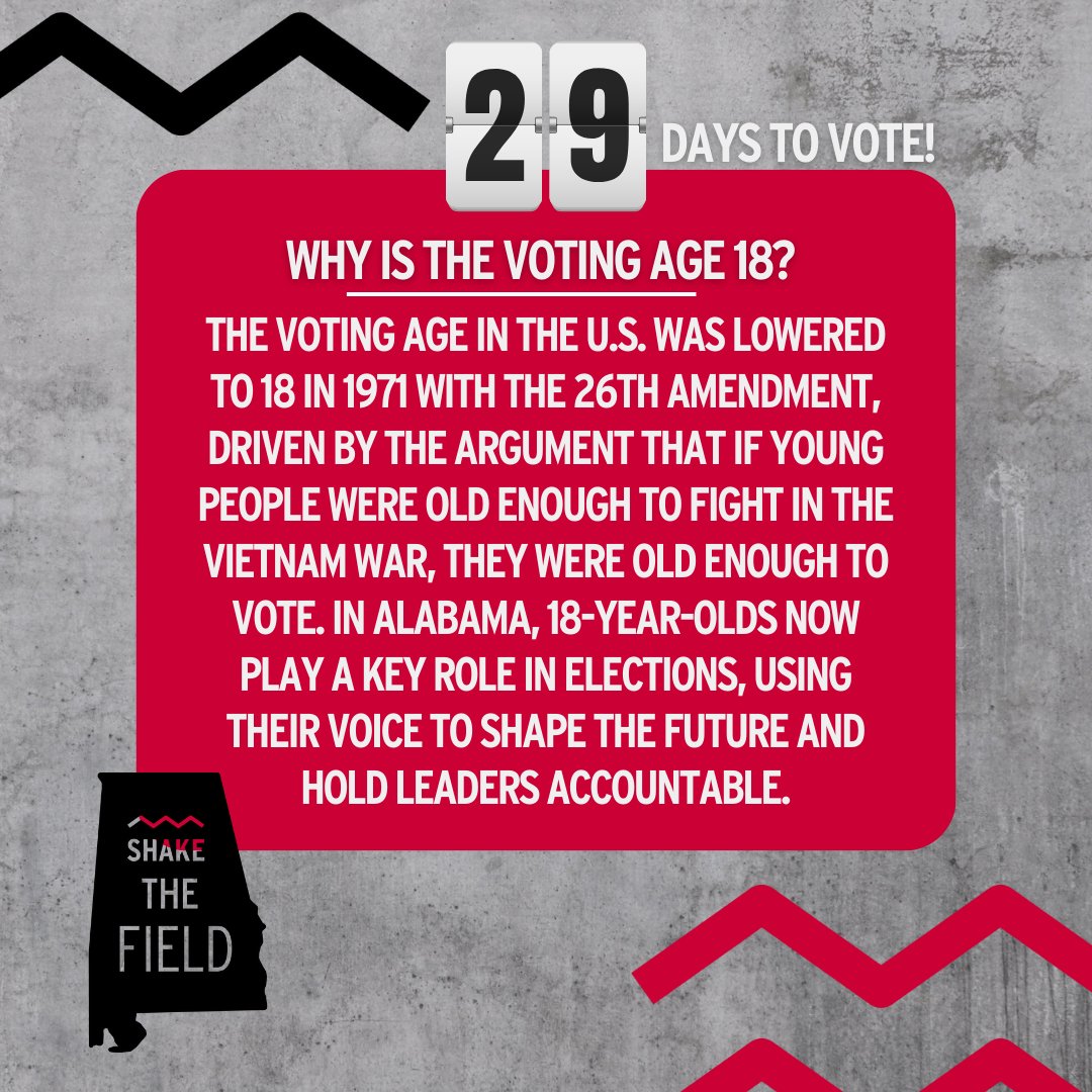 Day 29: Are You Old Enough to Vote? 💡 If you're 18+, it's your time to make an impact! 🗳️ Don't miss out on your chance to shape the future. Register today—link in bio! 📲 #GetOutTheVote #ShakeTheFieldAL