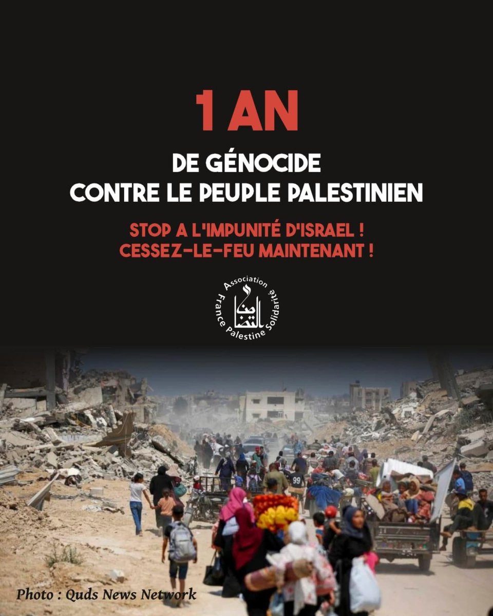 Cela fait un an que les Palestinien-nes endurent le génocide israélien. Les chiffres et les images sont insupportables pour nous mais les Palestinien-nes vivent ces atrocités chaque jour depuis 365 jours. 

Stop à l'impunité d'Israël ! 
Cessez-le-feu immédiat !
1/3