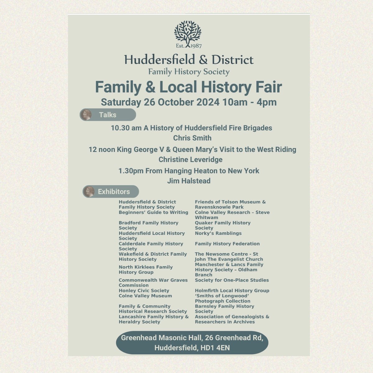 Volunteers from Colne Valley Museum will be at the Family and Local History Fair on Saturday 26 October.  Why don't you come and see us?  #colnevalleymuseum #huddersfieldfamilyhistorysociety