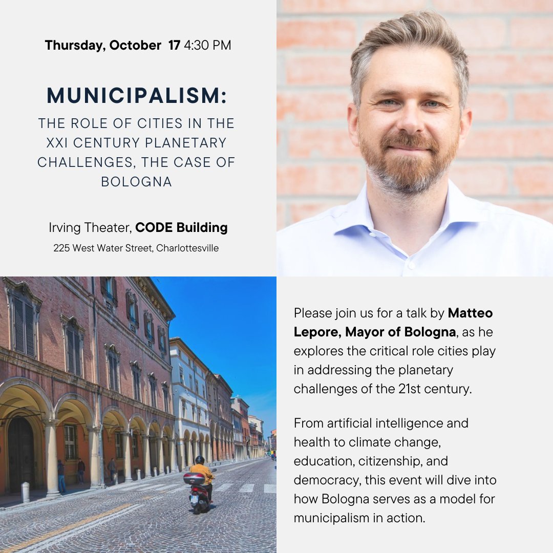 UVAGlobal (@globaluva) on Twitter photo Join us Thurs, Oct 17 at 4:30 pm at the Irving Theater in the CODE building for a talk by <a href="/matteolepore/">Matteo Lepore</a>, Mayor of Bologna, as he explores the critical role cities play in addressing the planetary challenges of the 21st century. Register now: bit.ly/municipalism_t…
<a href="/UVaSARC/">UVA Architecture</a> Join us Thurs, Oct 17 at 4:30 pm at the Irving Theater in the CODE building for a talk by <a href="/matteolepore/">Matteo Lepore</a>, Mayor of Bologna, as he explores the critical role cities play in addressing the planetary challenges of the 21st century. Register now: bit.ly/municipalism_t…
<a href="/UVaSARC/">UVA Architecture</a>