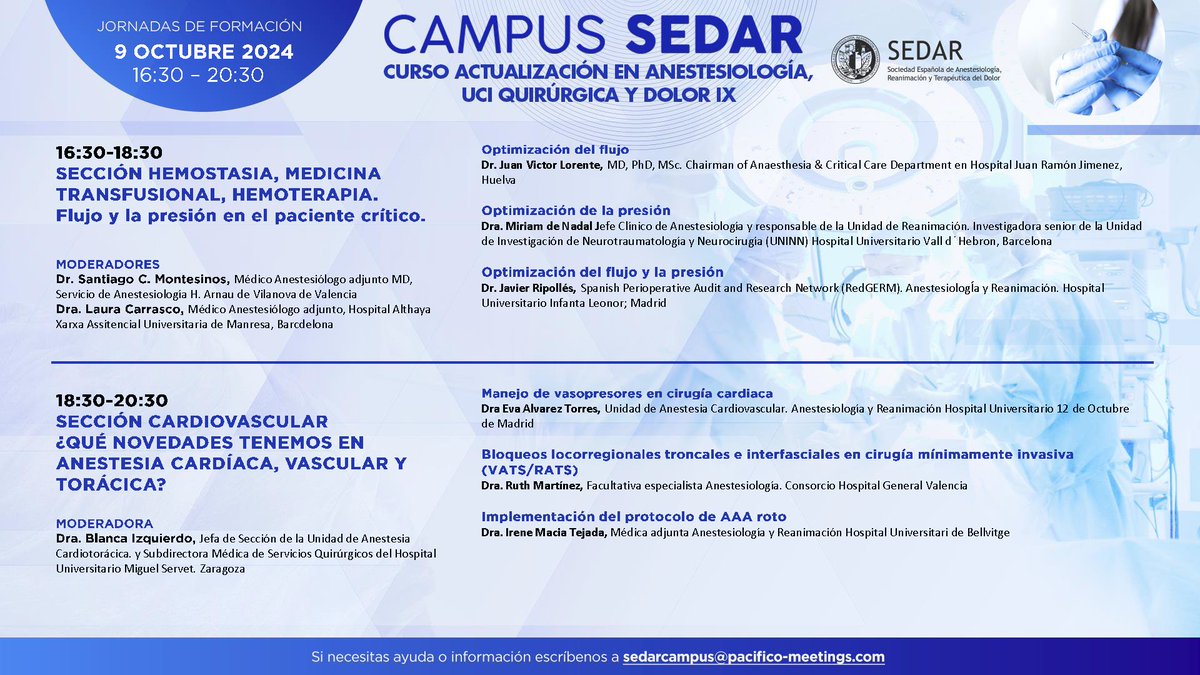 📢 ¡Vuelve Campus SEDAR!
📅 Miércoles 9 de octubre de 16:30 a 20:30h

✅ Flujo y la presión en el paciente crítico
✅ ¿Qué novedades tenemos en anestesia cardíaca, vascular y torácica?

Inscríbete ya a través del enlace 🔗 bit.ly/4eAXdan