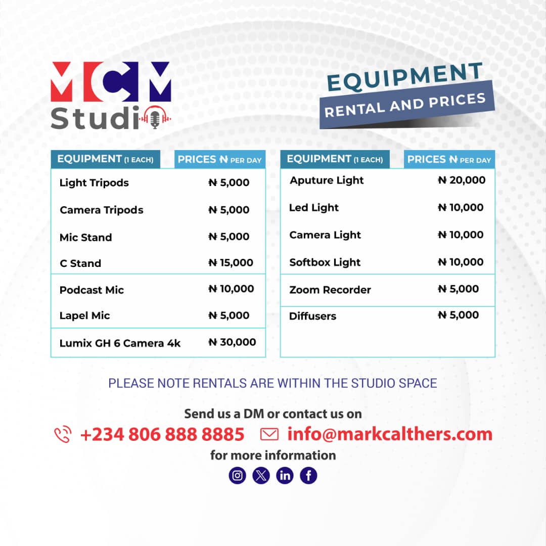 MCMStudioo's tweet photo. Explore our fully equipped and affordable studio space in Lagos Nigeria.

Send a DM to book or contact us at 0806 888 8885.

Erigga Dammy Krane #HelloLoveAgain Burna Speed Darlington https://t.co/3RkL3FCti6