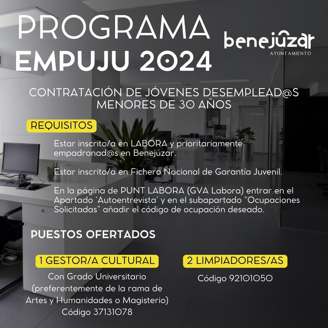vicentecases's tweet image. 📍 #Benejúzar se suma al Programa #EMPUJU para la contratación de jóvenes desempleados/as menores de 30 años. Los puestos ofertados son de 1️⃣ Gestor/a Cultural y 2️⃣ Limpiadores/as, y si quieres optar a alguno de los procesos, sigue las indicaciones 🔗 i.mtr.cool/fuyuxrtflp
