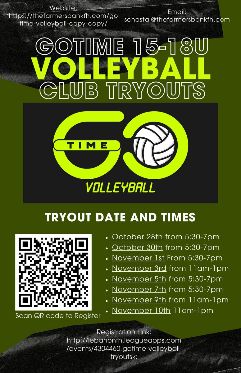 GoTime Volleyball (@gotimevb) on Twitter photo I am so excited for our second round of tryouts! We have some updated dates and times for our 15-18u age group so double check your calendars! Location: <a href="/TheFarmersBFH/">The Farmers Bank Fieldhouse</a>
Registration link: lebanonfh.leagueapps.com/events/4304460… I am so excited for our second round of tryouts! We have some updated dates and times for our 15-18u age group so double check your calendars! Location: <a href="/TheFarmersBFH/">The Farmers Bank Fieldhouse</a>
Registration link: lebanonfh.leagueapps.com/events/4304460…