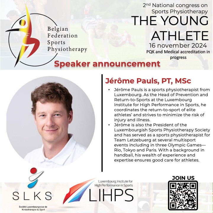 Abellaneda_Sev's tweet image. 2° National Congress on Sports Physiotherapy - Leuven 2024 - 16 November. Two WORKSHOPS :
- &quot;RTS after injury in elite youth althletes (...)&quot;. J. Pauls
- &quot;ACL prevention in youth&quot;. Bart Dingenen, PhD 
Join us, Early Bird (31/10/2024), Accreditations : bfsp.be.