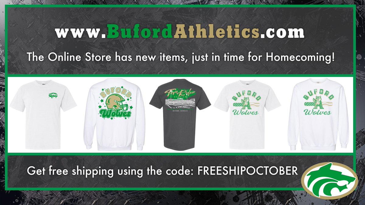 Visit BufordAthletics.com today for your spirit wear needs. We love to see the Wolves represent the B! 💚💛🤍 Get free shipping with the code FREESHIPOCTOBER 🐺