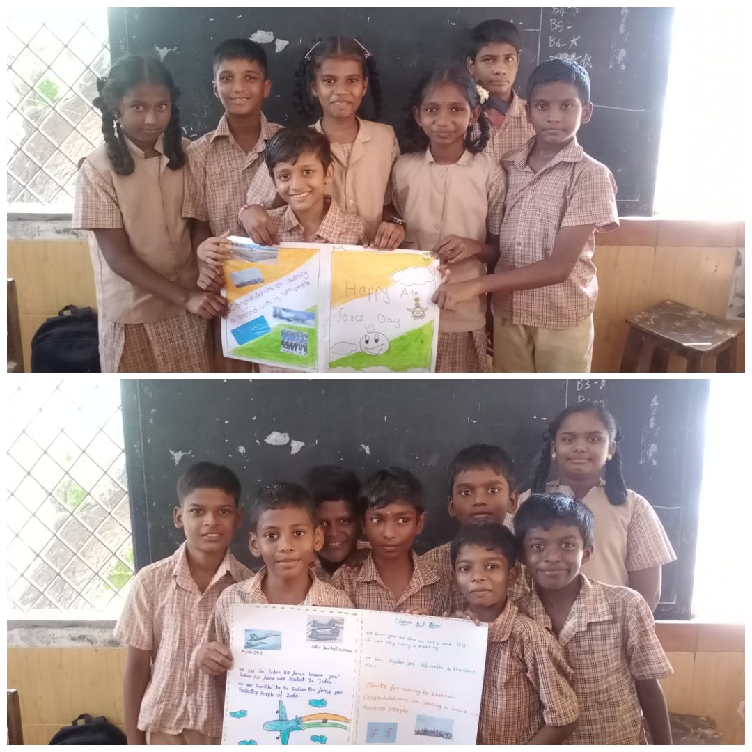 SuprajaV3's tweet photo. Students of Class 6 &amp; 8 from Chennai Middle School, Aminjikarai created posters to wish the IAF a happy 92nd Air Force Day!🎨✈️ Their creativity is inspired by our IAF heroes. Thank you for inspiring our children!🇮🇳 #AirForceDay
@IAF_MCC @sarang_iaf @Suryakiran_IAF @TeachForIndia https://t.co/tgakgAwwJb