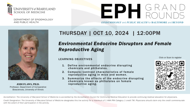 Join us virtually at noon, Thursday, October 10, 2024, for another edition of EPH Grand Rounds. Featuring Dr. Jodi Flaws' research on reproductive aging. #Aging #reproductivehealth #publichealth Register Here: umaryland.zoom.us/meeting/regist…