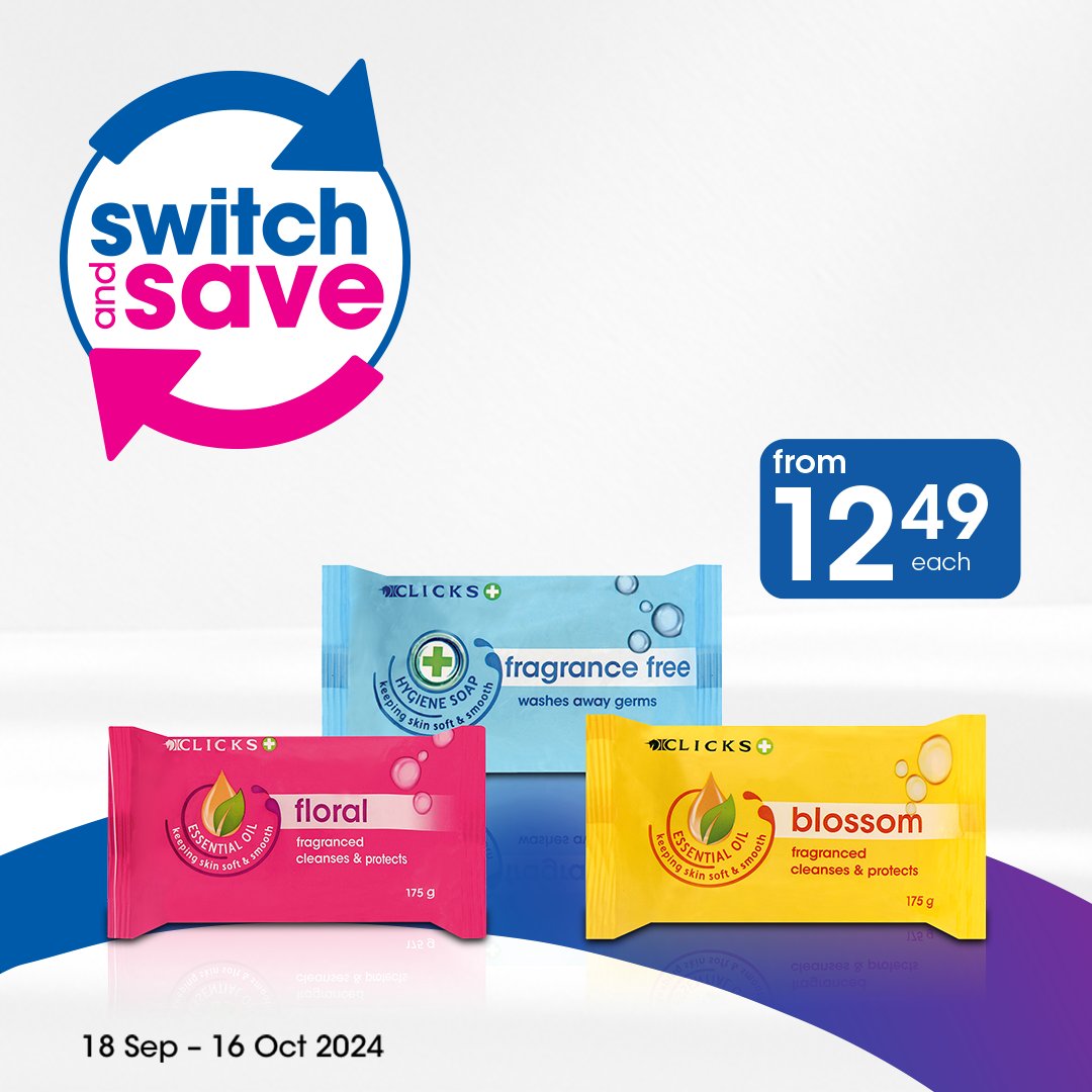 Clicks_SA's tweet image. Don’t forget to add Clicks soap to your cart when you shop in store, online, or on the app.

Pay from just R12.49 per bar when you shop from 18 Sep – 16 Oct 2024. -&amp;gt; bit.ly/4dJspmF

#SwitchAndSave #Clicks