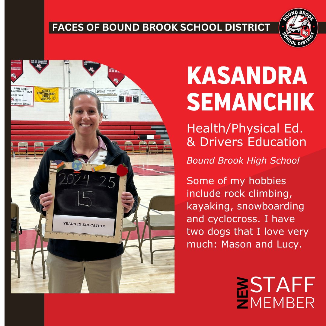 New staff member alert 📷 Meet Kassandra Semanchik. She teaches health, physical education and drivers' education at Bound Brook High School. Continue to follow along as we give a warm welcome to new staff!