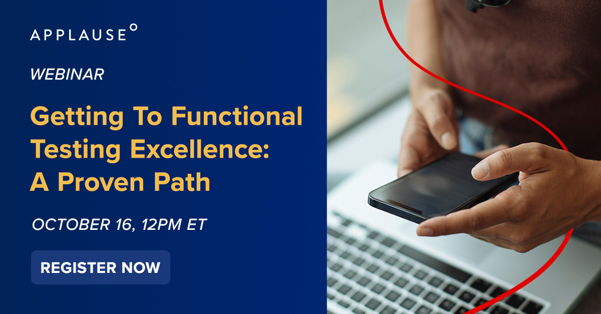 applause's tweet image. Optimizing your #FunctionalTesting process is the first step to achieving #DigitalQuality excellence. At our webinar on October 16, learn the trends and tips to releasing apps, devices and experiences with confidence. Register now: bit.ly/3Y9w9JO #DevOps