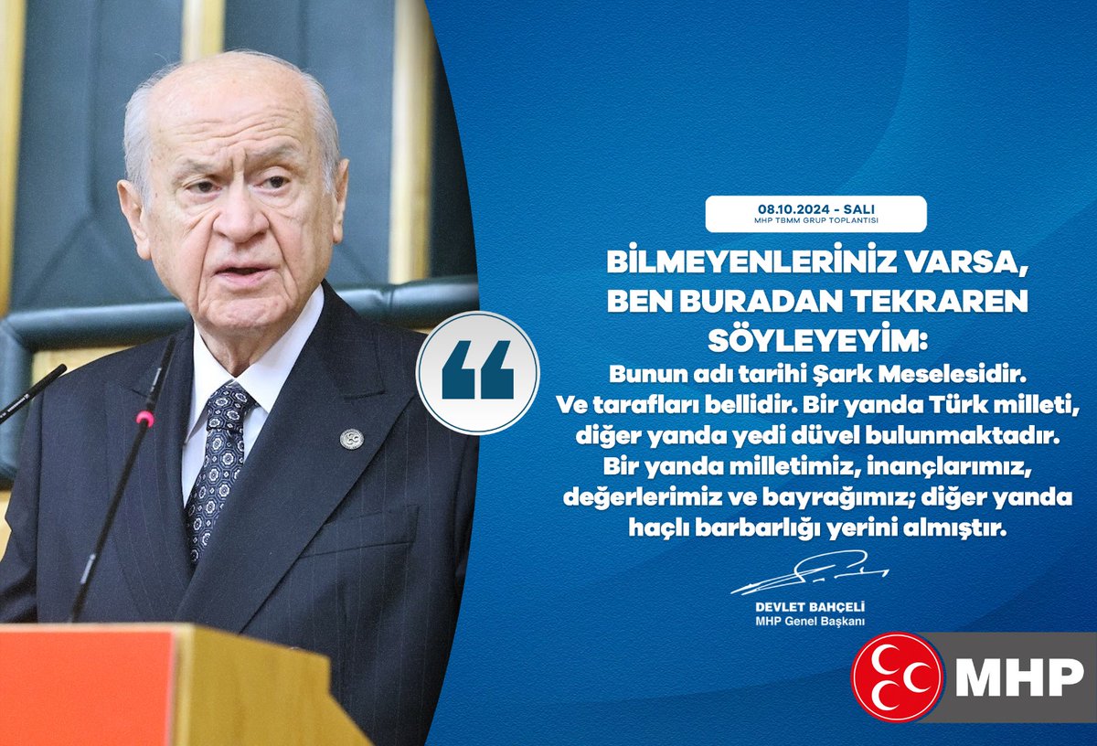 Bilmeyenleriniz varsa, ben buradan tekraren söyleyeyim:
Bunun adı tarihi Şark Meselesidir.  Ve tarafları bellidir. Bir yanda Türk milleti, diğer yanda yedi düvel bulunmaktadır. Bir yanda milletimiz, inançlarımız, değerlerimiz ve bayrağımız; diğer yanda haçlı barbarlığı yerini
