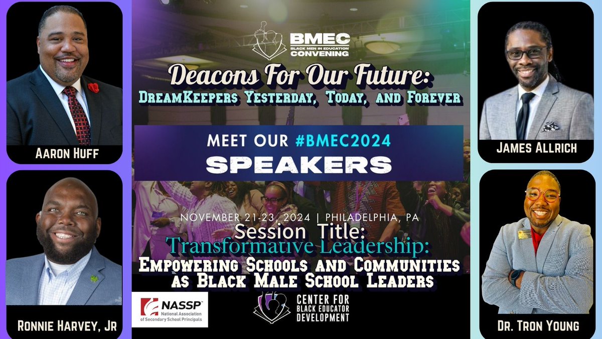Dr. Tron Young (@tron2teach4u) on Twitter photo Excited to be part of the <a href="/CenterBlackEd/">Center for Black Educator Development</a> #BMEC2024 as a panel speaker with @princoachharvey, <a href="/aarondhuff/">Aaron Huff</a> , and <a href="/JamesAllrich/">James Allrich</a> . We will be dicussing Transformative Leadership: Empowering Schools and Communities as Black Male School Leaders. <a href="/NASSP/">National Assoc. of Secondary School Principals</a> Excited to be part of the <a href="/CenterBlackEd/">Center for Black Educator Development</a> #BMEC2024 as a panel speaker with @princoachharvey, <a href="/aarondhuff/">Aaron Huff</a> , and <a href="/JamesAllrich/">James Allrich</a> . We will be dicussing Transformative Leadership: Empowering Schools and Communities as Black Male School Leaders. <a href="/NASSP/">National Assoc. of Secondary School Principals</a>