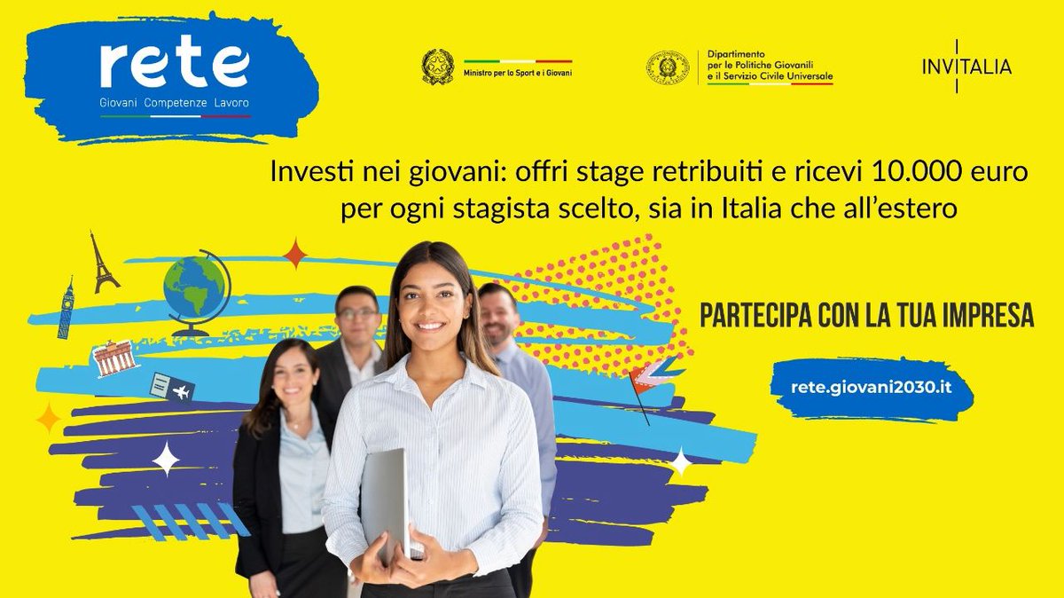 🟨#ProgettoRete | Parte la call per le #imprese interessate a ospitare #giovani stagisti nelle sedi italiane ed estere.
🎟️Disponibili 10 milioni di euro in #voucher per coprire le spese.

⏰ C'è tempo fino all'#8novembre

⭕ Tutte le info👉🏼rete.giovani2030.it/gli-stage/cand…