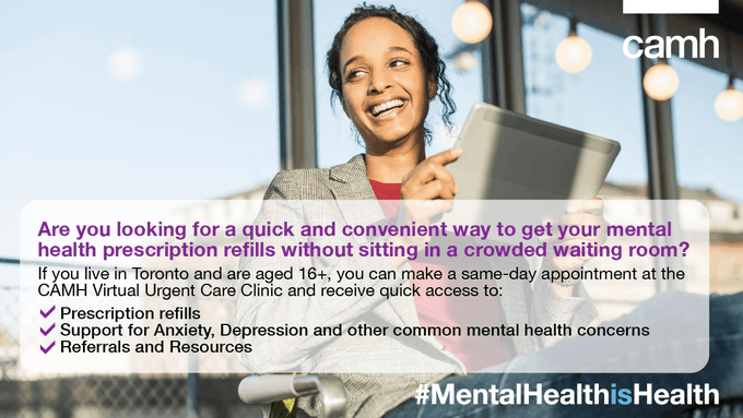 Our Virtual Urgent Care Clinic is pleased to offer people in #Toronto aged 16+ convenient, confidential, same-day virtual #mentalhealth support using a computer, smartphone or tablet.

No waiting rooms. No commuting.

⬇️BOOK:
camh.ca/en/your-care/p…

#MIAW #MIAW24