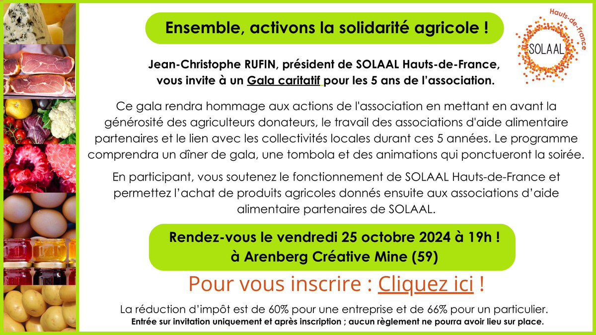 [SAVE THE DATE] 🥳
Réservez votre soirée du 25 octobre  !
Gala des 5 ans de <a href="/SOLAAL_/">SOLAAL</a>  HdF au Site minier de Wallers Arenberg (59), en présence du préfet de la région : Bertrand Gaume ! 😊

📢Inscription obligatoire : bit.ly/3xv2Y9p

#DonAgricole #solidarité