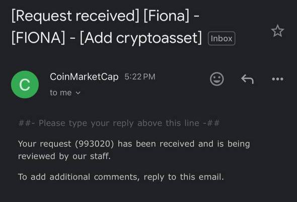fiona_erc's tweet photo. #Fiona has submitted it's @CoinMarketCap Priority listing.

Request Id: #993020 https://t.co/fnsvMbEVnH