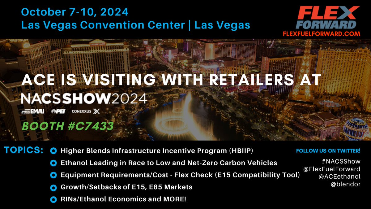 @FlexFuelForward (@flexfuelforward) on Twitter photo Stop by <a href="/ACEethanol/">ACEethanol</a>'s booth #C7433 to learn more about implementing higher #ethanol blends at #NACSShow24! Stop by <a href="/ACEethanol/">ACEethanol</a>'s booth #C7433 to learn more about implementing higher #ethanol blends at #NACSShow24!