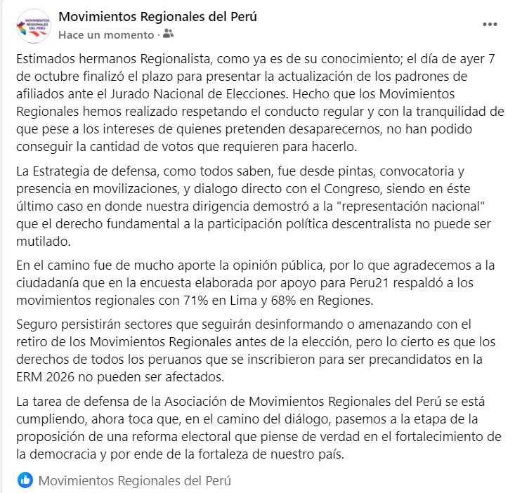 Asociación de Movimientos Regionales del Perú (@movregionales) on Twitter photo <a href="/MovRegionales/">Asociación de Movimientos Regionales del Perú</a> PARTICIPAREMOS EN EL 2026, ahora toca con la Comisión de Constitución del <a href="/congresoperu/">Congreso del Perú 🇵🇪</a> hacer una reforma electoral integral que asegure el ejercicio de la democracia y el fortalecimiento del Perú!
<a href="/RPPNoticias/">RPP Noticias</a> <a href="/exitosape/">Exitosa Noticias</a> <a href="/peru21politica/">Peru21 Política</a> <a href="/larepublica_pe/">La República</a> <a href="/ensustrece/">Semanario Hildebrandt en sus trece</a> <a href="/MovRegionales/">Asociación de Movimientos Regionales del Perú</a> PARTICIPAREMOS EN EL 2026, ahora toca con la Comisión de Constitución del <a href="/congresoperu/">Congreso del Perú 🇵🇪</a> hacer una reforma electoral integral que asegure el ejercicio de la democracia y el fortalecimiento del Perú!
<a href="/RPPNoticias/">RPP Noticias</a> <a href="/exitosape/">Exitosa Noticias</a> <a href="/peru21politica/">Peru21 Política</a> <a href="/larepublica_pe/">La República</a> <a href="/ensustrece/">Semanario Hildebrandt en sus trece</a>