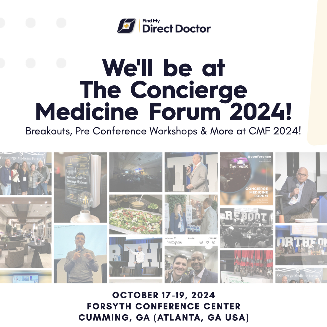 We're excited to announce that we'll be attending The Concierge Medicine Forum 2024! 🤩 Mark your calendars for October 17-19, 2024, at the Forsyth Conference Center in Cumming, GA (Atlanta, GA USA)
