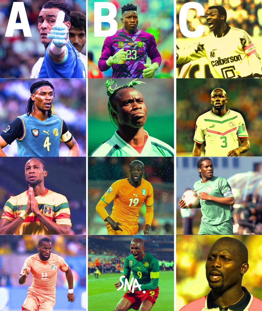 🤔Choisis ta dream team parmi ces équipes !

TEAM A 🔵 : Essam El Hadary - Rigobert Song - Seydou Keita - Didier Drogba

TEAM B 🟢 : André Onana - Taribo West - Yaya Touré - Samuel Eto'o

TEAM C 🟡 : Joseph-Antoine Bell - Kalidou Koulibaly - Jay-Jay Okocha - George Weah

#sna