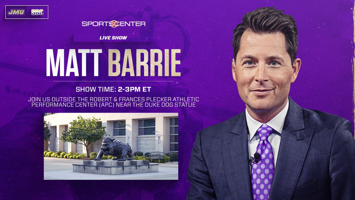 James Madison Athletics (@jmusports) on Twitter photo We are excited to welcome <a href="/SportsCenter/">SportsCenter</a> and <a href="/MattBarrie/">Matt Barrie</a> to campus ahead of the <a href="/JMUFootball/">JMU Football</a> game on Thursday night!
Fans are welcome to join us on the APC patio on Thursday from 2-3pm as Matt co-hosts the weekday edition of SportsCenter!
📰 | bit.ly/4eRcbJl
#GoDukes We are excited to welcome <a href="/SportsCenter/">SportsCenter</a> and <a href="/MattBarrie/">Matt Barrie</a> to campus ahead of the <a href="/JMUFootball/">JMU Football</a> game on Thursday night!
Fans are welcome to join us on the APC patio on Thursday from 2-3pm as Matt co-hosts the weekday edition of SportsCenter!
📰 | bit.ly/4eRcbJl
#GoDukes