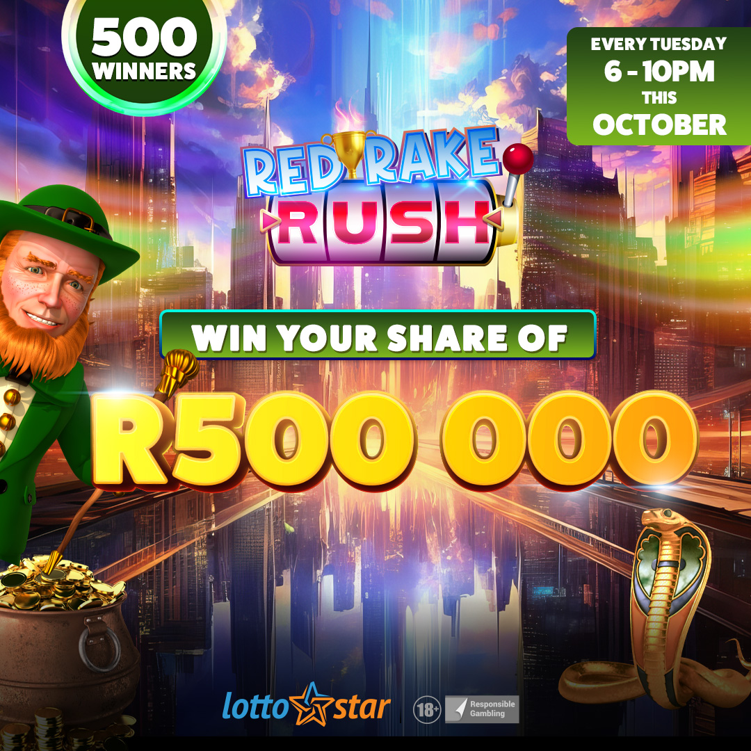 Lotto_Star's tweet photo. Keep an eye on the leaderboard from 6 to 10 PM in our Red Rake Rush Tournament. 👀

With a spin of the reels, you could be 1 of 500 players to bag a share of R500,000. 🎰
No minimum bet applies. 
#LottoStar #RRRT #RedRake #Chooseday #Spinthereels https://t.co/wcDijE9e3E
