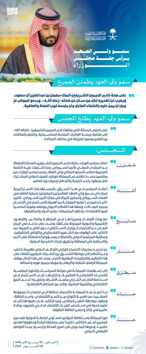 لدى ترؤسه جلسة #مجلس_الوزراء ..
سمو #ولي_العهد يُطمْئِنُ الجميع على صحة #خادم_الحرمين_الشريفين، ويعرب عن تقديره لكل من سأل عن صحته - رعاه الله -، داعياً المولى عز وجل أن يمنّ عليه بالشفاء العاجل وأن يلبسه ثوب الصحة والعافية.