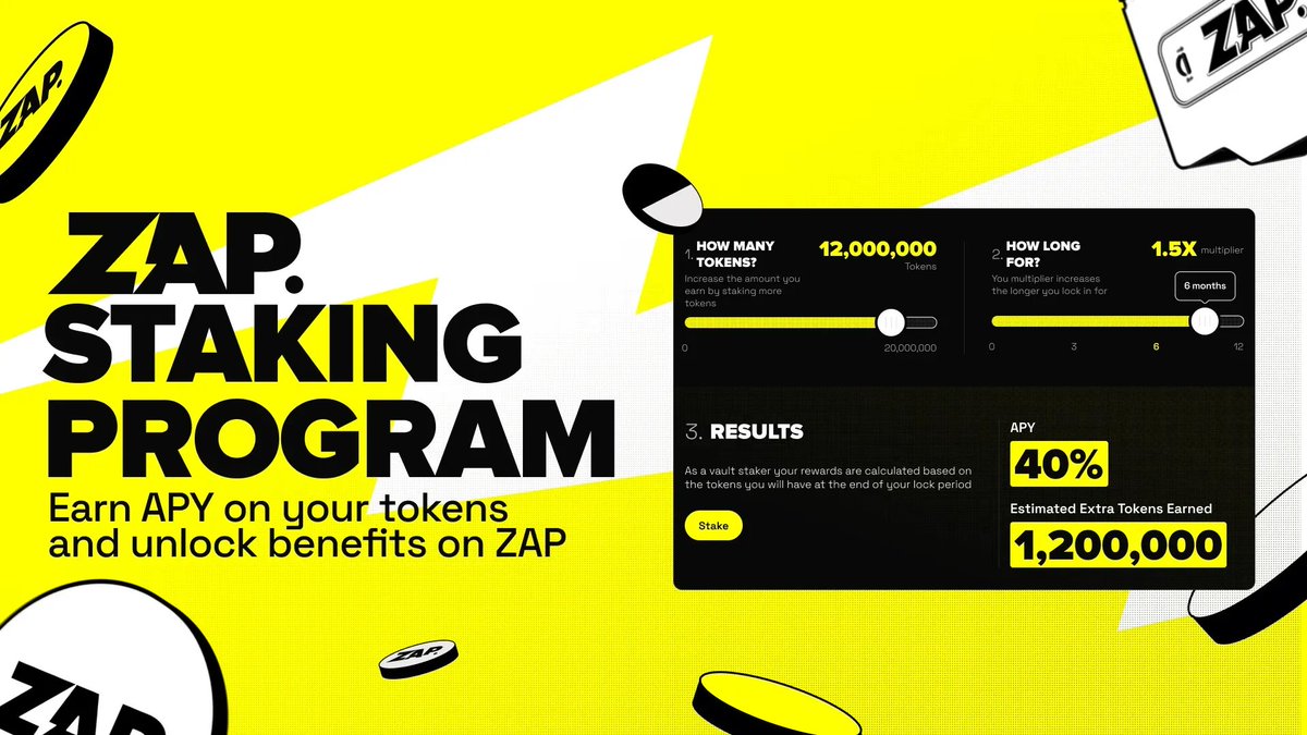 🥩 ZAP Staking Details ⚡ 

Stake $ZAP or Vaults through your ZAP dashboard for passive rewards and exclusive perks, live right on 10am UTC tomorrow. 👀

⚡ ZAP staking is designed to bring you exposure and upside across the entire ZAP ecosystem: Labs, Launch and Drops, starting