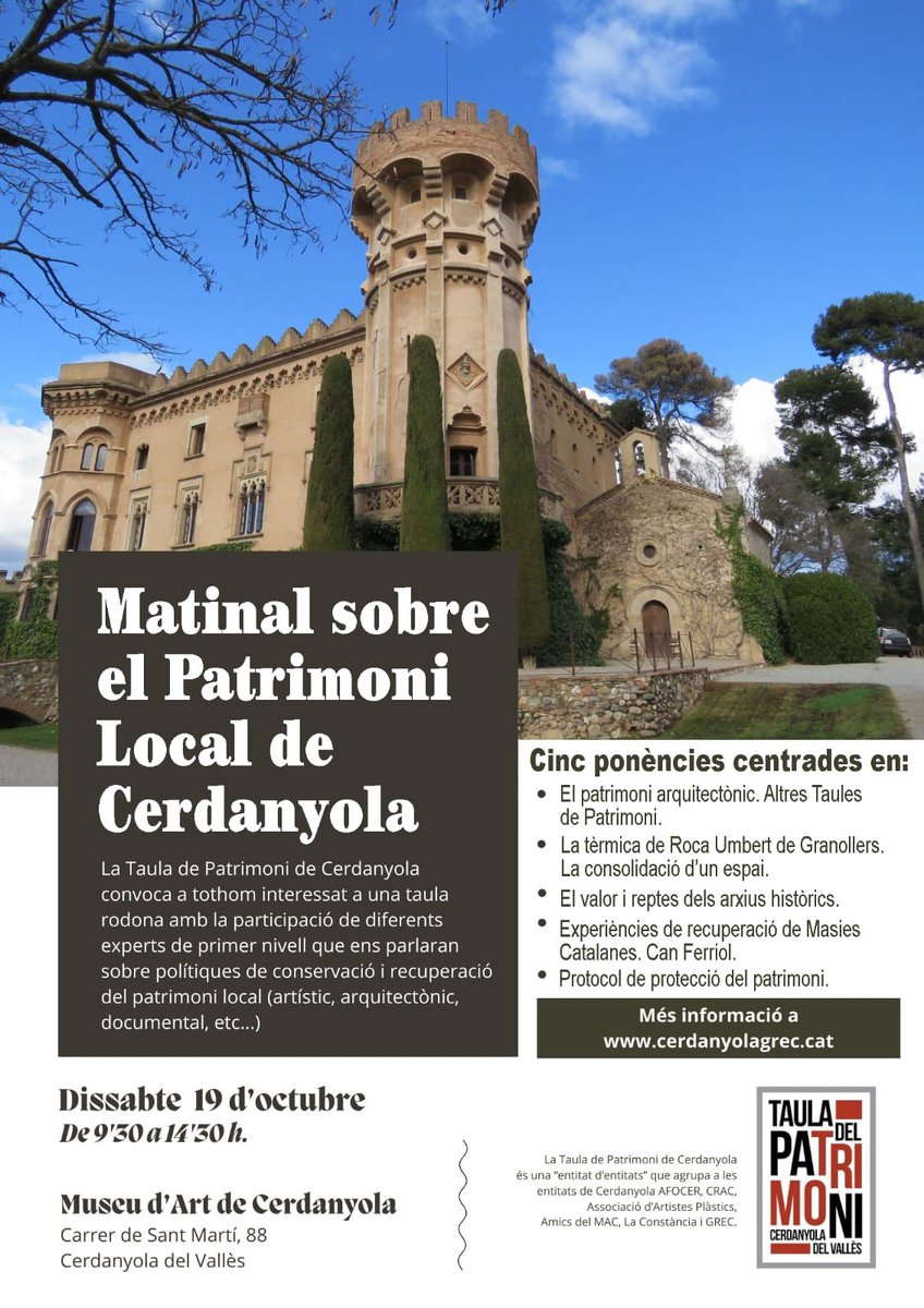 El 19 d’octubre organitzem aquesta activitat conjuntament amb la resta d’entitats de la Taula de Patrimoni de #Cerdanyola. A finals de setmana tindreu més informació a la nostra web…