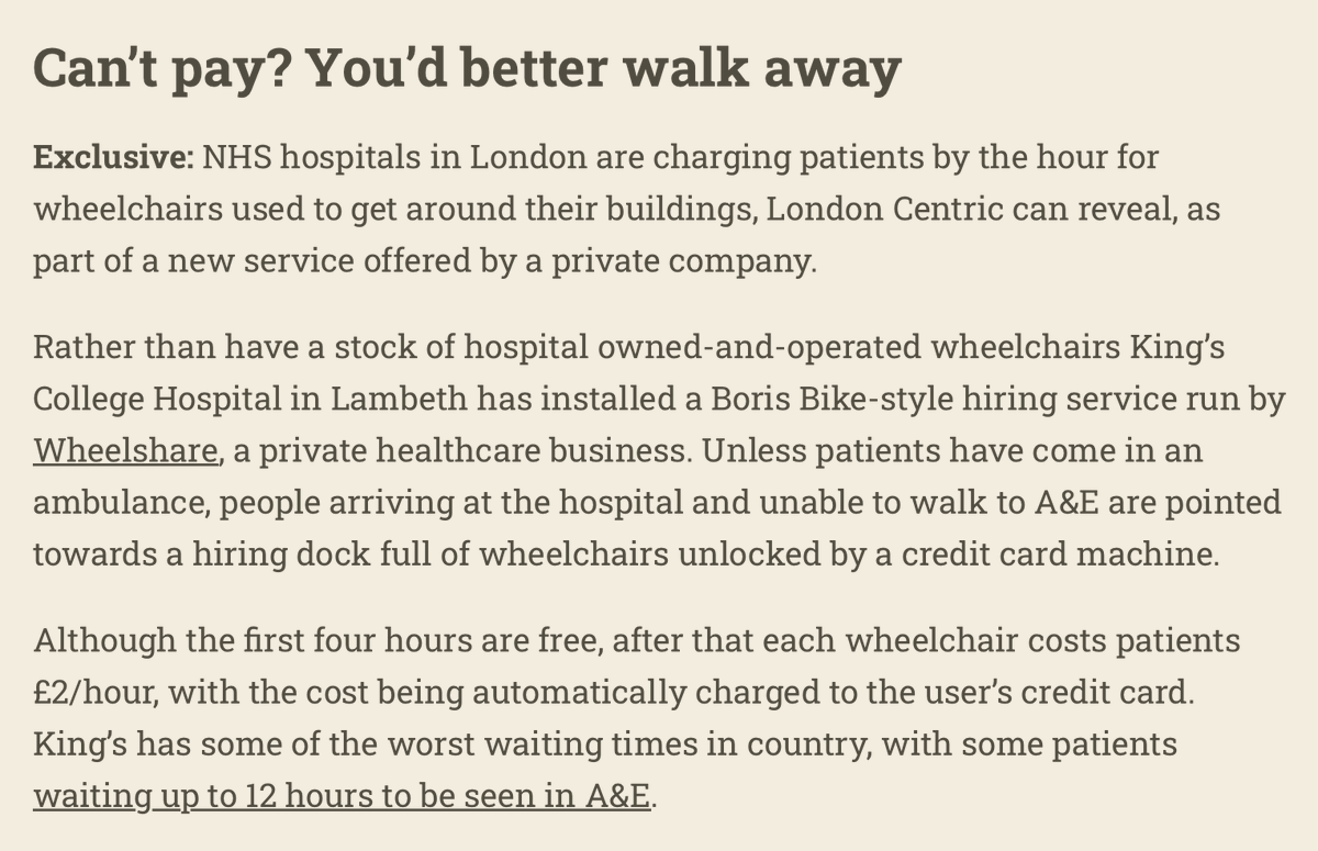 In London Centric today: 

The London NHS hospital charging £2/hour to rent a wheelchair as you sit in A&amp;E. 

Click to read more: londoncentric.media/p/are-londons-…