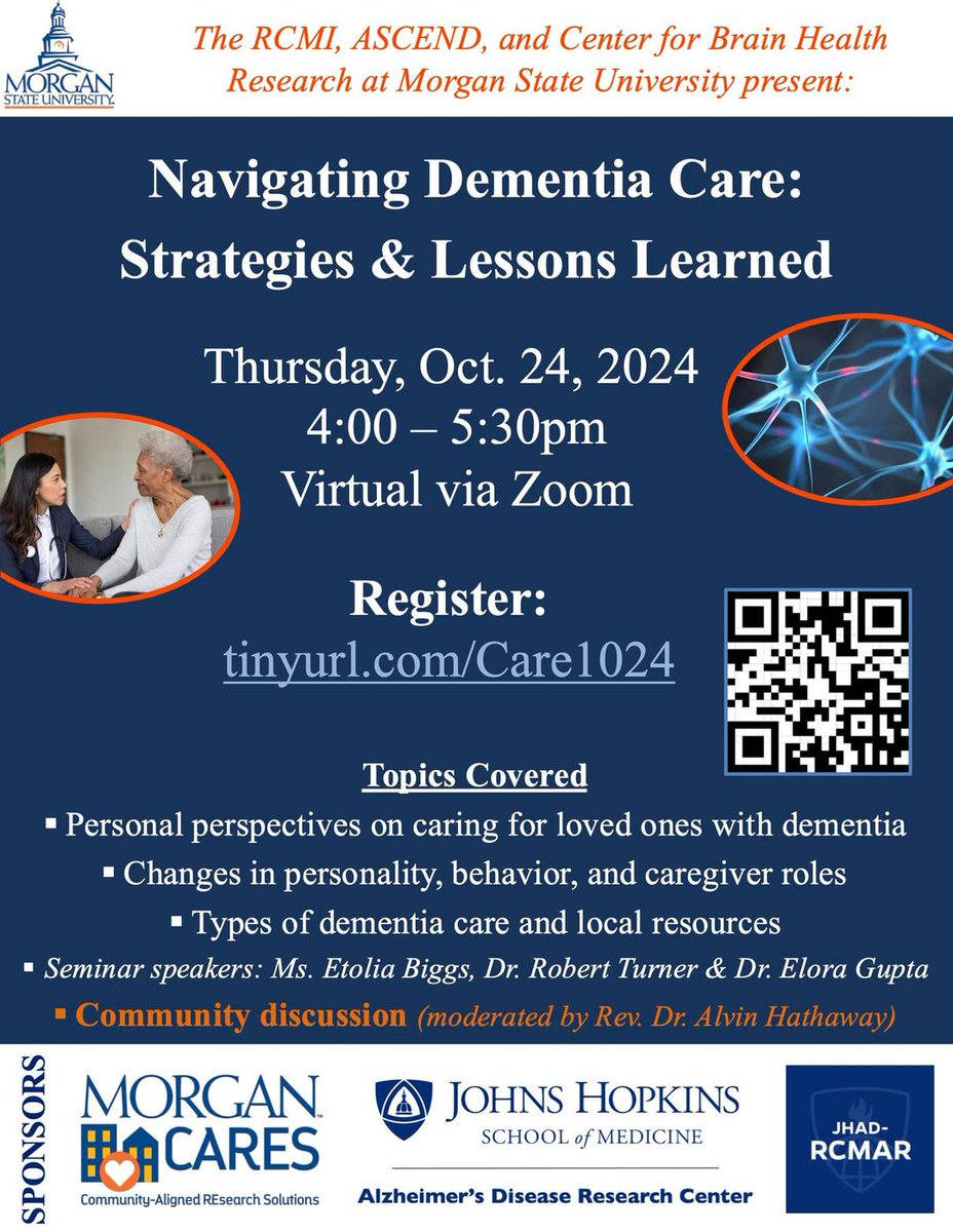 📣Thurs., 10/24 from 4-5:30pm:

Navigating #Dementia #Care: Strategies &amp; Lessons Learned

Join us for insightful, free, virtual presentations and robust discussions. 

Details ⬇️.

Register here to receive the Zoom link: tinyurl.com/Care1024 📷

Organized in collaboration