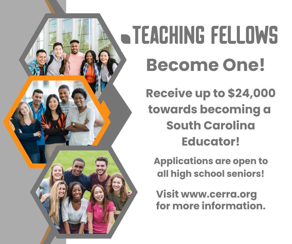 Become a Teaching Fellow and receive up to $24,000 to become a South Carolina Educator. The application process is open to all high school seniors. Learn more about the Teaching Fellows Program at buff.ly/48fgfkJ. Click on the Teaching Fellows page.