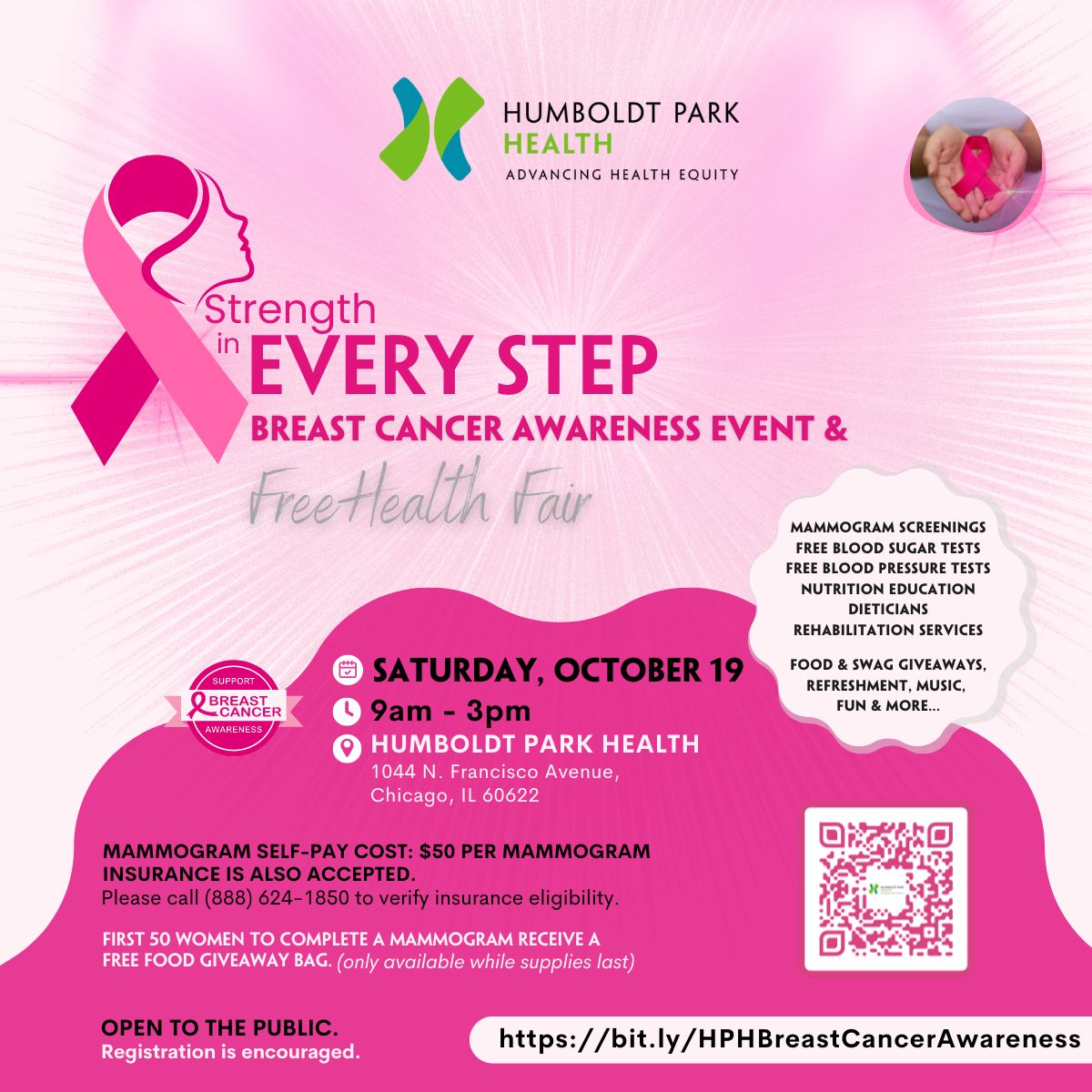 HumboldtHealth's tweet image. 🎗️ Join us on October 19th for the STRENGTH IN EVERY STEP Breast Cancer Awareness Event!

Humboldt Park Health (Main Lobby) 
Saturday, Oct. 19, 2024
9am - 3am

Register now: bit.ly/HPHBreastCance…

#StrengthInEveryStep #HumboldtParkHealth #BreastCancerAwarenessMonth #Mammogram