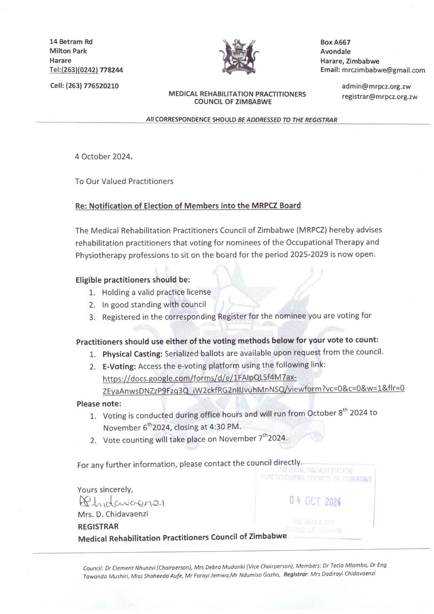 Notice of Election of Members into MRPCZ Board: Occupational Therapy and Physiotherapy Professions for 2025-2029.From 08/10/24 To 06/11/24. Retweet and Share <a href="/clemynhu/">Clement Nhunzvi</a> <a href="/ZAOT_zw/">Zimbabwe Association of Occupational Therapists</a> <a href="/zimphysios/">ZPA</a> <a href="/TherapistGta/">Government Therapist Association(GTA)</a> <a href="/thewfot/">WFOT</a> <a href="/clemynhu/">Clement Nhunzvi</a> <a href="/EMavindidze/">Edwin Mavindidze</a> <a href="/MnambahNyarie/">Dr Nyarie Munambah</a> <a href="/SidaMuchemwa/">Sidney</a>