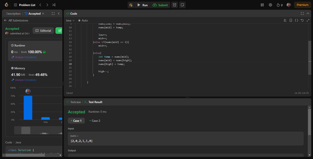 MansixYadav's tweet image. Day 14 ✅ of Striver’s A2Z DSA Sheets
From Step 3: Solve Problems on Arrays
Completed:
Lec 1: Easy
3 videos from Lec 2: Medium
Solved:
LeetCode 75: Sort Colors ✅
Code 360 2 probems: Longest Subarray With Sum K (positives & both) ✅
@striver_79
#DSA #LeetCode #CodingNinjas