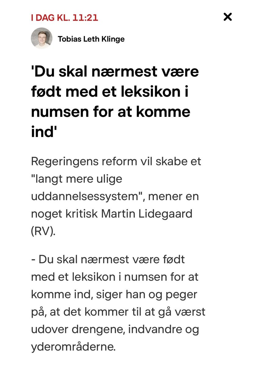 Hvad mener Lidegaard med ‘leksikon i numsen’? 🤔 Mange børn af faglærte får over seks i snit. 

Og hvad er hans svar til de unge, der enten ikke har adgang til gymnasiet i dag eller efterlyser noget, der er bogligt, alment og praktisk? Som mere end hver tredje på gym i dag?