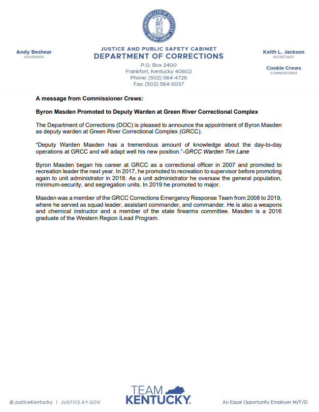 KYCorrections's tweet photo. Byron Masden Promoted to Deputy Warden at Green River Correctional Complex https://t.co/G5CG8JZyTb