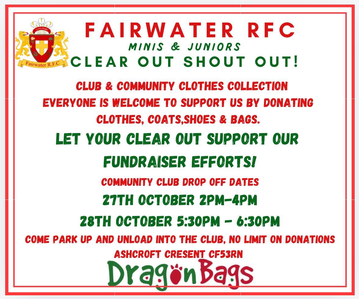 Dragon Bags are back this Half Term! You have just over 2 weeks to get that overdue sorting done &amp; clear out all your unwanted clothes, coats, shoes &amp; bags!

Sort out the summer wardrobe, clear out them drawers, bag up your unwanted clothing and drop them to Fairwater Rugby Club.