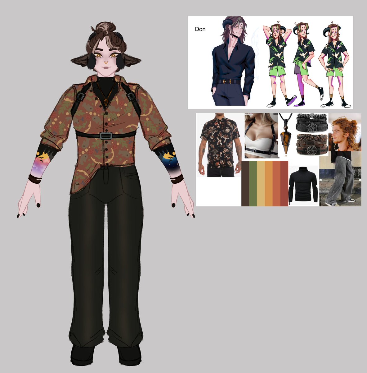 Next we have <a href="/DonMarcTV/">💚 Don || {dm}🖤</a> 
Wanted to really sell the goat vibes with goat ears and eyes along with horns. I cant draw don with out it being a printedshirt and turtleneck combo so they were a given. and i wanted to give dawn and dusk tattoos to break up the orange!