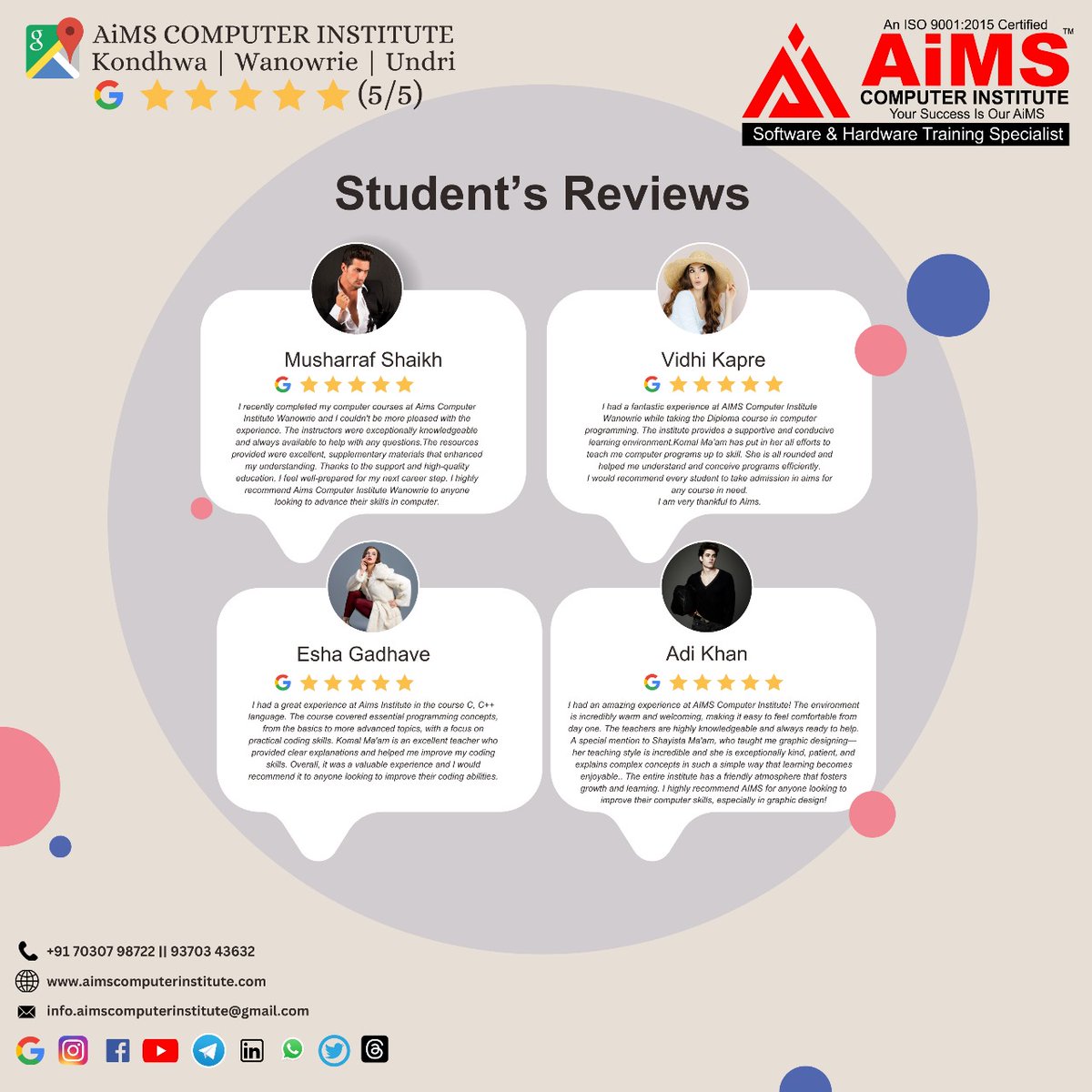 AimsUndri9717's tweet image. &quot;Student&apos;s Reviews
5/5 stars for AiMS Computer Institute! The institute provides a supportive and conducive learning environment.&quot;

#computertraininginstitute #computerInstitute #computercourses #computerclass #review #reviews #aimscomputerinstitute