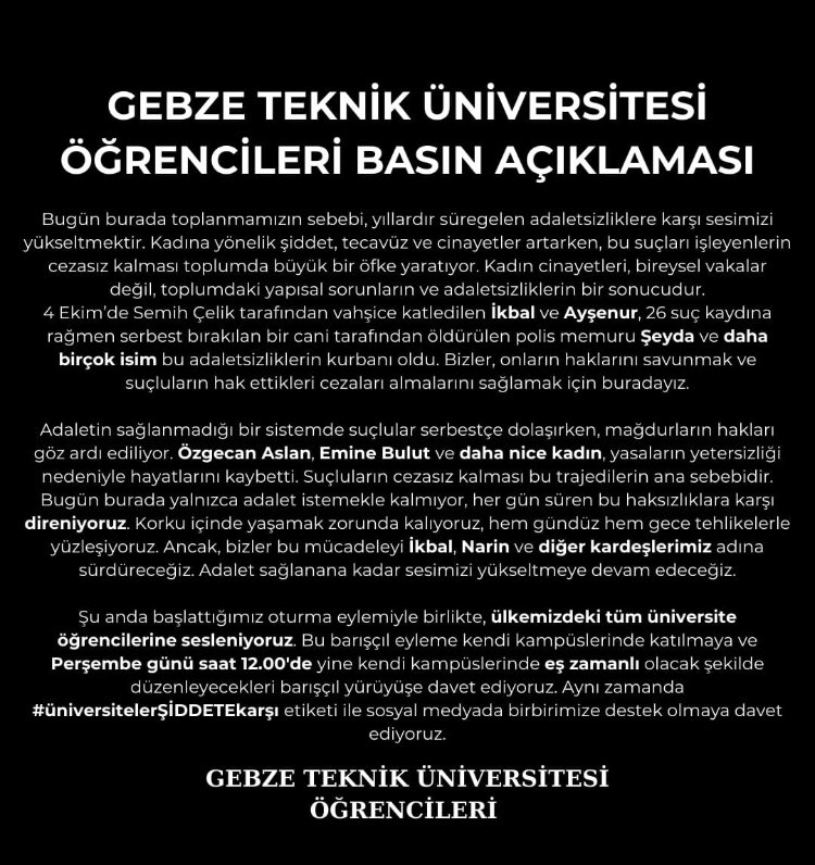 Gebze Teknik Üniversitesi öğrencileri olarak son yaşanan hadisler karşısında susmuyoruz ve susmamaya da devam edeceğiz 
#üniversitelerŞİDDETEkarşı #gtüolaraksusmuyoruz #gtüşiddetekarşı #KadınaVeÇocuğaDokunma