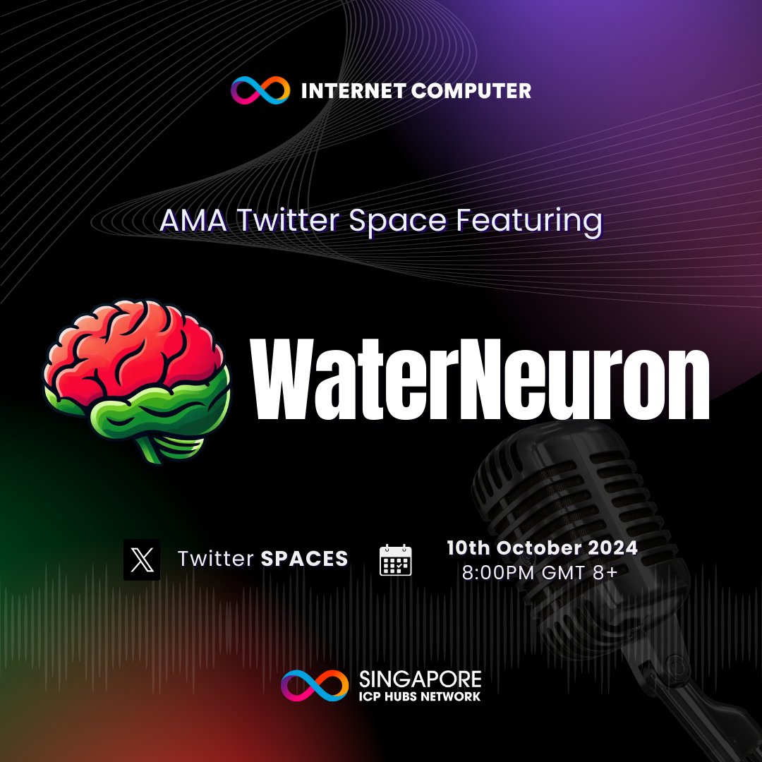 Join us on October 10th at 8 PM (GMT+8) as we feature 
<a href="/WaterNeuron/">WaterNeuron</a>!

🎙️Space link: x.com/i/spaces/1zqKV…

💰 500usd in prizes!

🎁 1 Winner of 50usd just by:
1.⁠ ⁠RT this post ✅
2.⁠ ⁠Tag 3 friends 👥
3.⁠ ⁠Follow <a href="/WaterNeuron/">WaterNeuron</a> and <a href="/ICPHUBS/">ICP HUBS NETWORK</a>

🎁 Plus, during the AMA:
•⁠