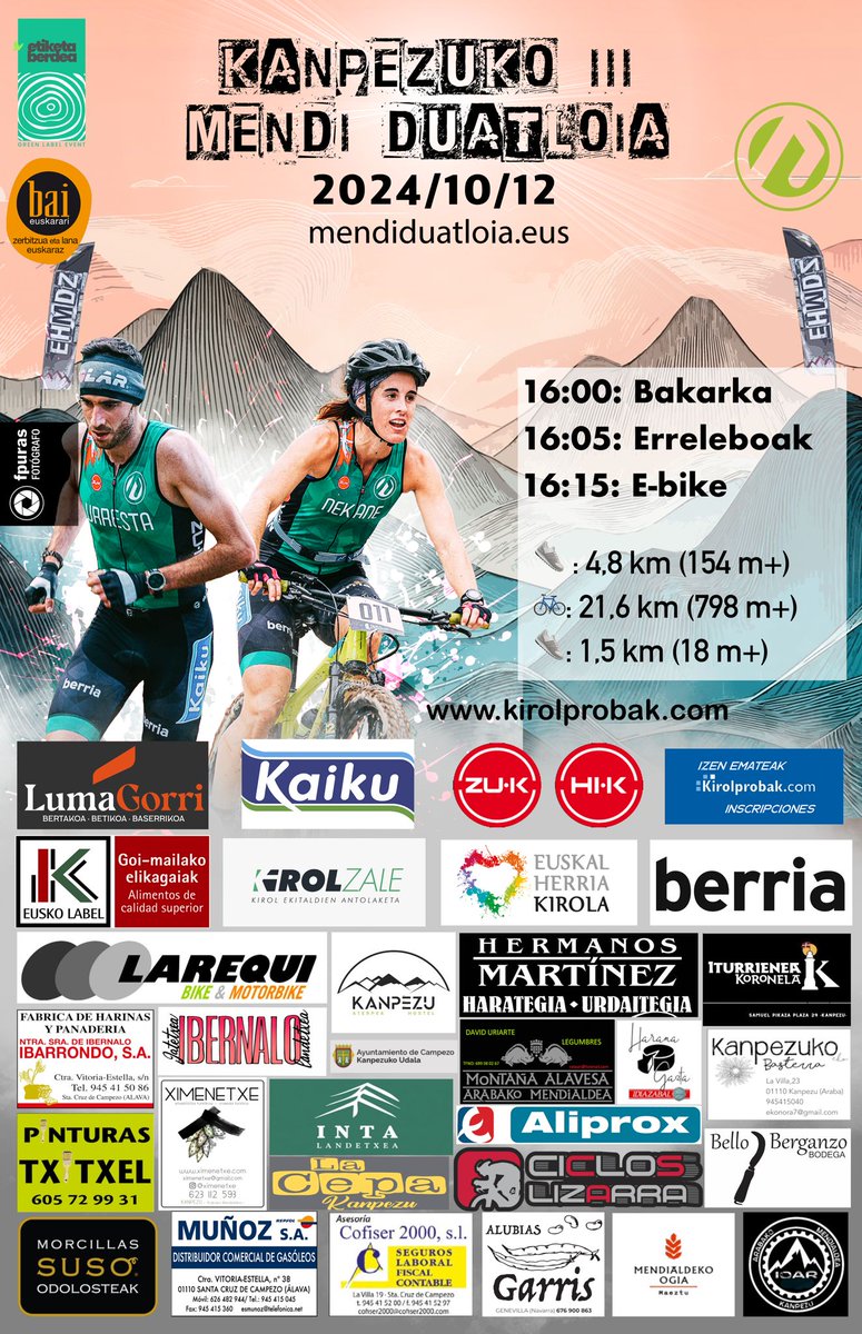 Mendialdea_info's tweet image. Kanpezu  celebrará su III Duatlón de Montaña, segunda prueba del Circuito de Duatlón de Montaña de Euskal Herria.
Kanpezuko III Mendi Duatloia
Urriak 12 de Octubre 
Santa Cruz de Campezo
mendialdea.info/2024/10/08/el-…
#Kanpezu #MendiDuatloia #ArabakoMendialdea #MontañaAlavesa