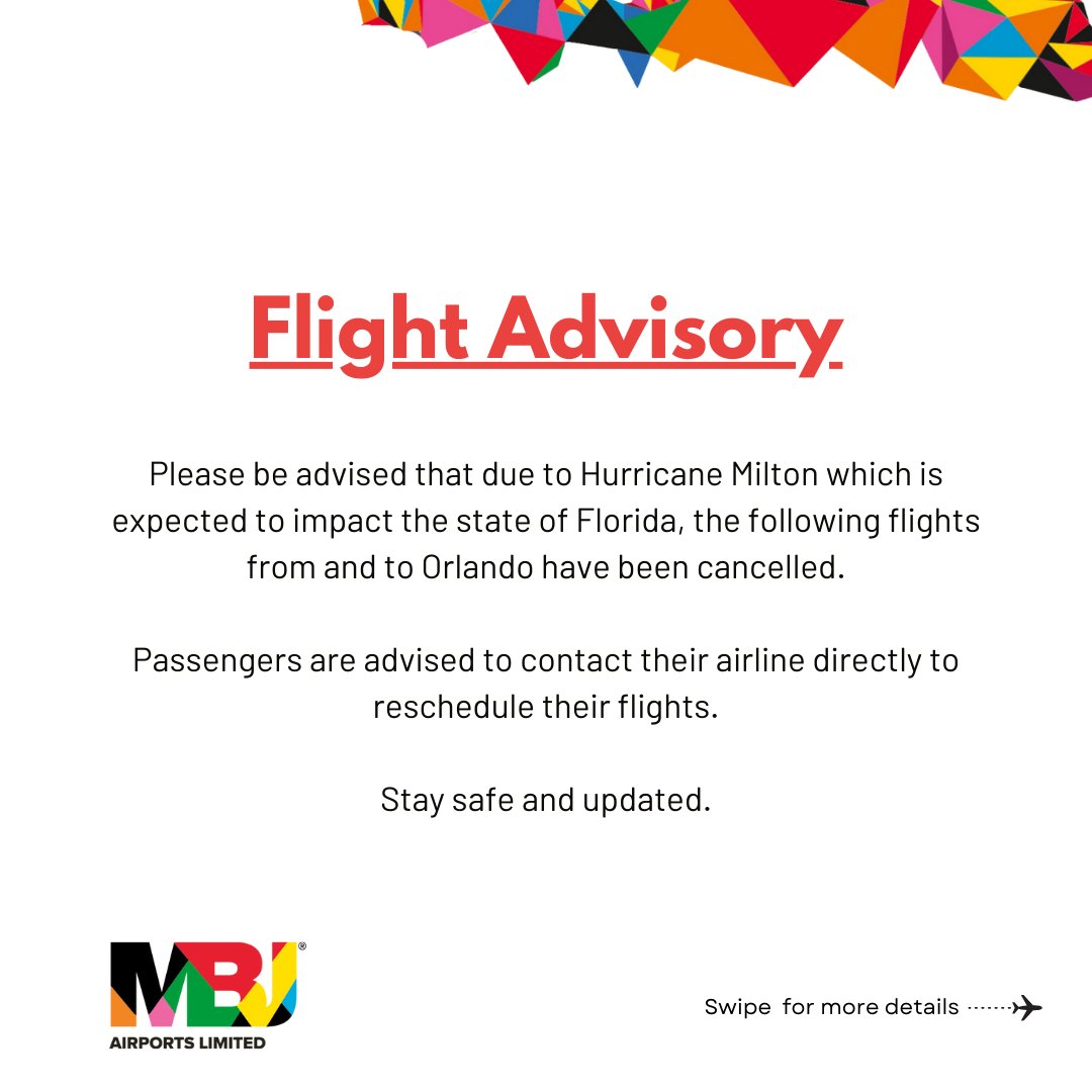 MBJAIRPORT's tweet image. Hurricane Milton is impacting Florida. ✈️

Due to the storm, flights from and to Orlando have been cancelled.

Please contact your airline directly to reschedule your flight.

Stay safe and updated! #JetBlue #HurricaneMilton #FlightUpdates